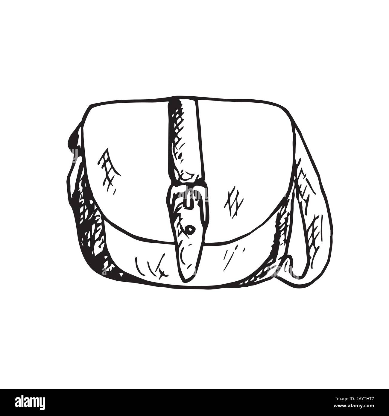 Saddle type bag with long handle, isolated hand drawn black and white