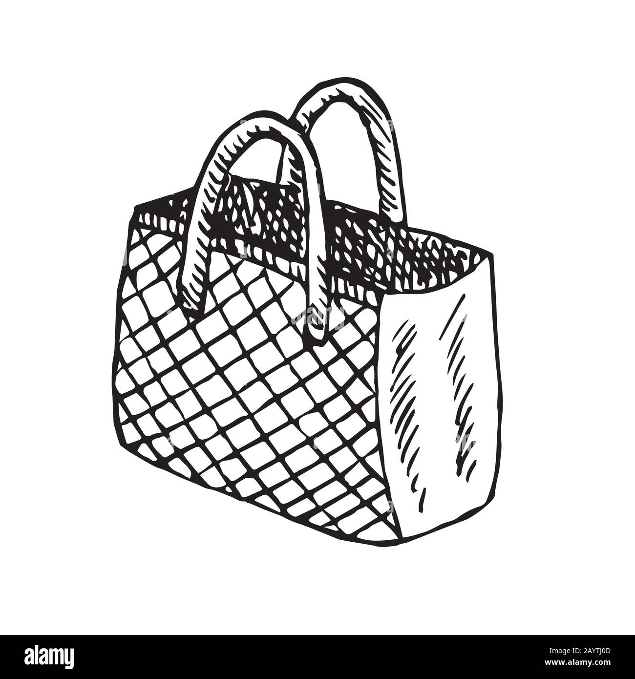 Checkered tote type of bag, isolated hand drawn black and white outline ...