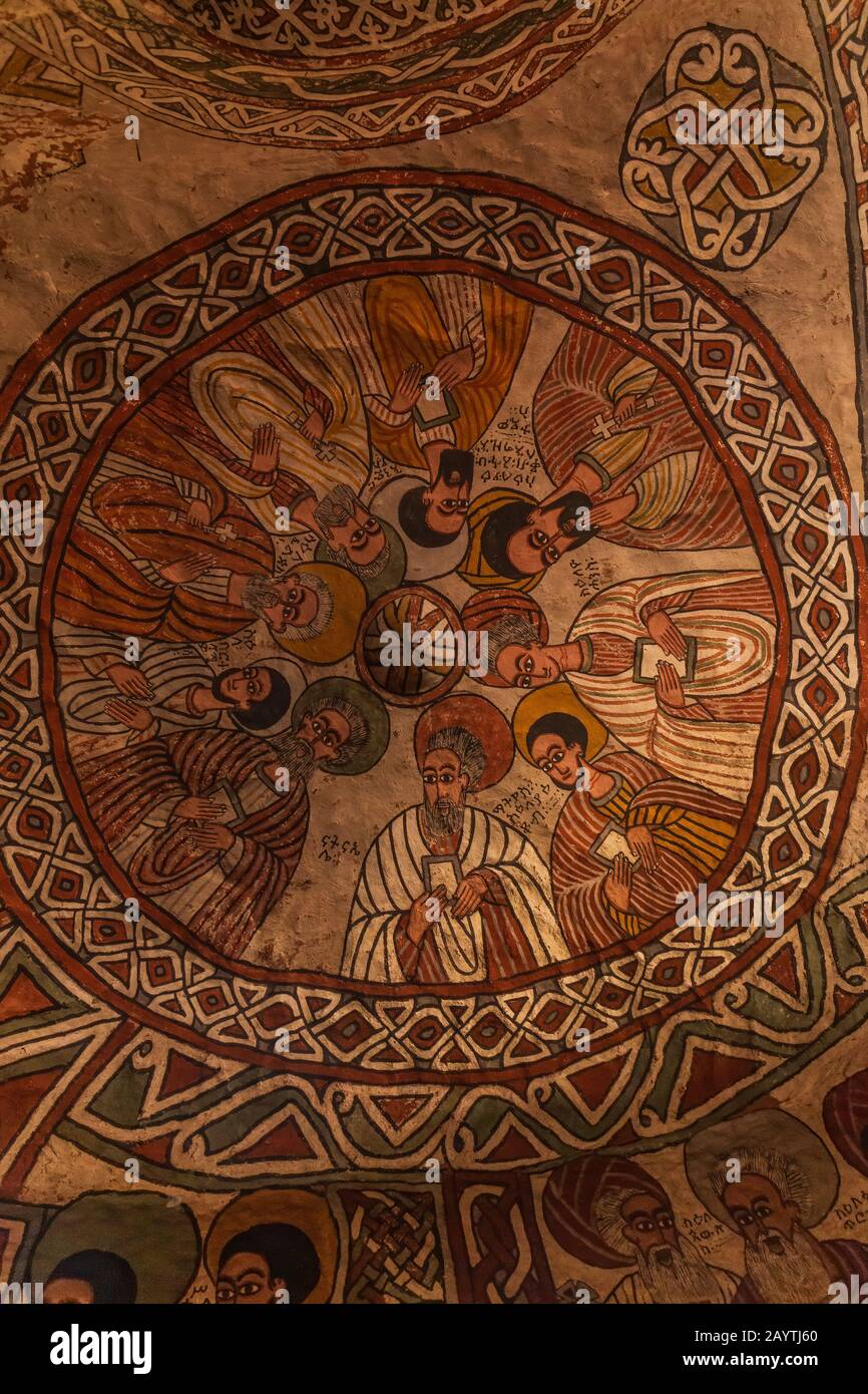 Hawzen, Ethiopia – January 12, 2019: wall murals of saints painted on the ceiling of Abuna Yemata Guh church Stock Photo