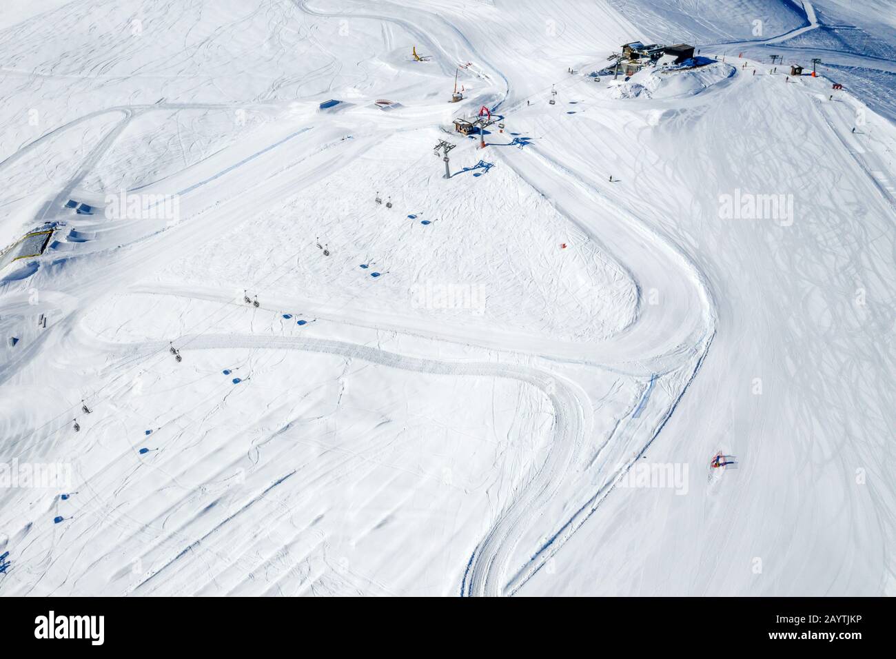 Drone view of mountain ski slopes. Stock Photo