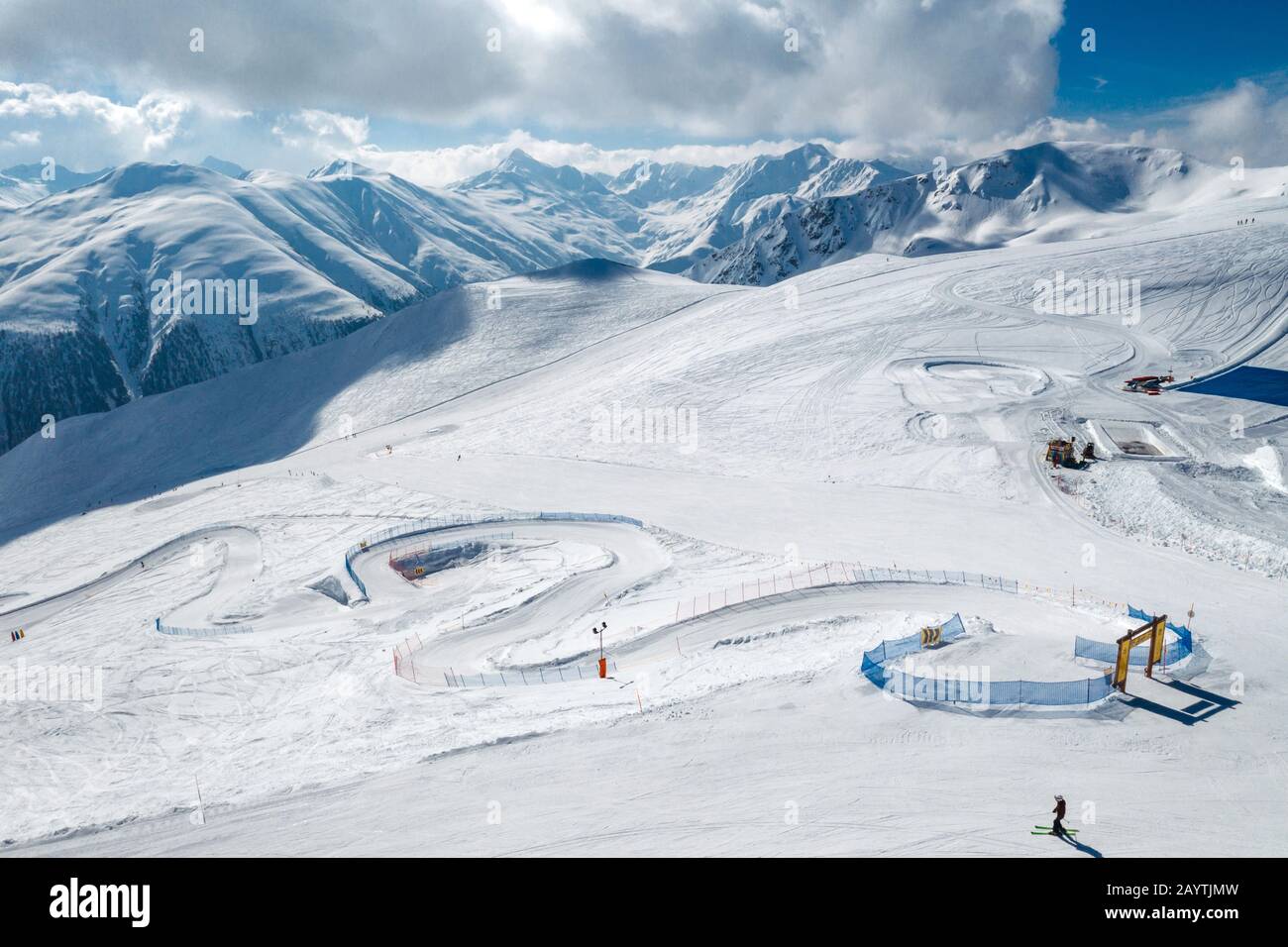 Drone view of mountain ski slopes. Stock Photo