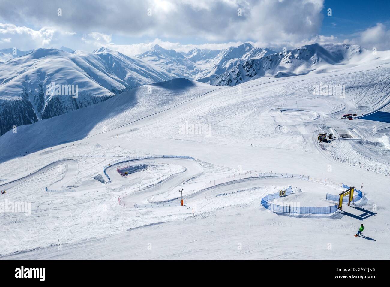 Drone view of mountain ski slopes. Stock Photo