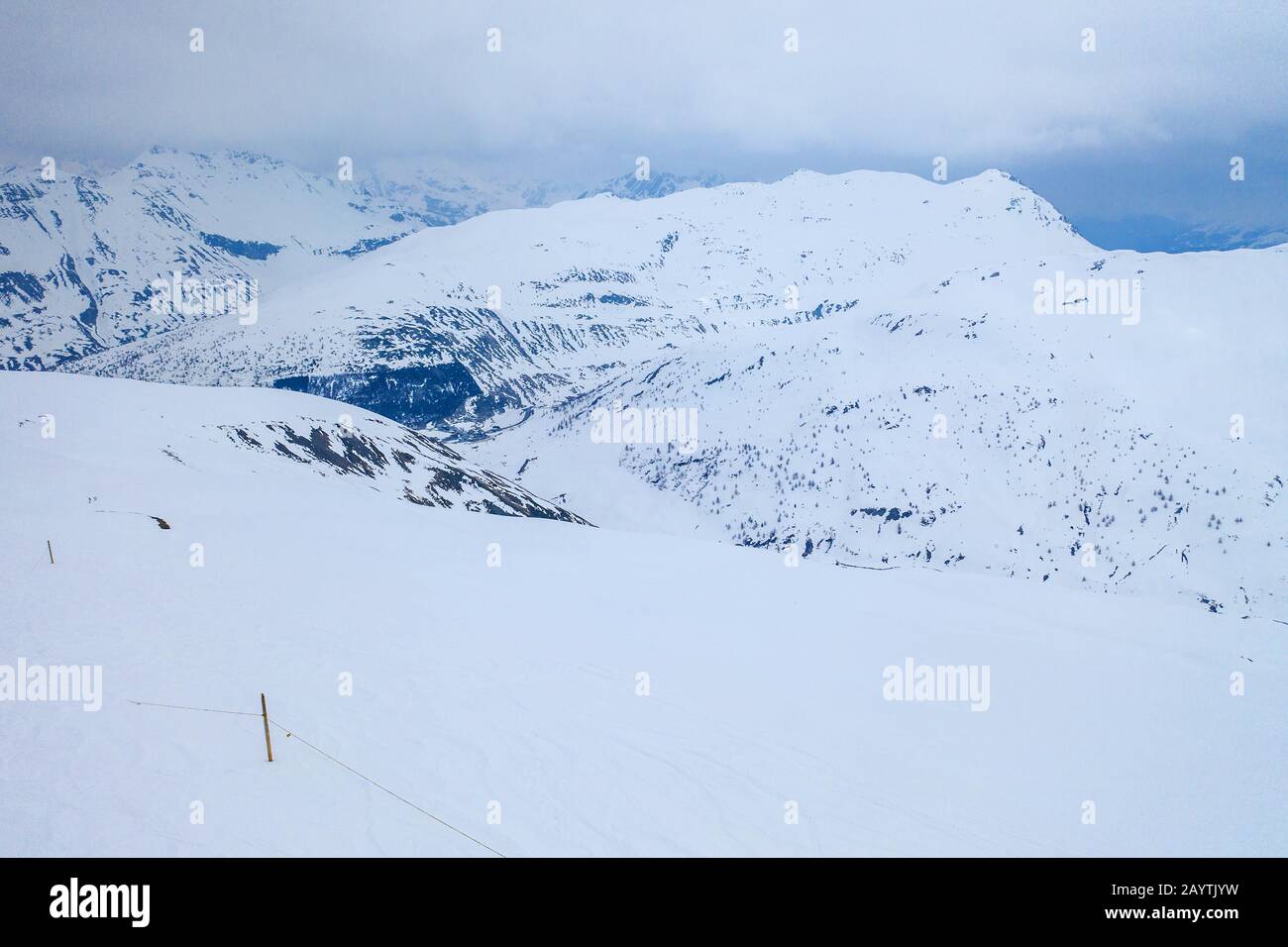 Drone view of mountain ski slopes. Stock Photo