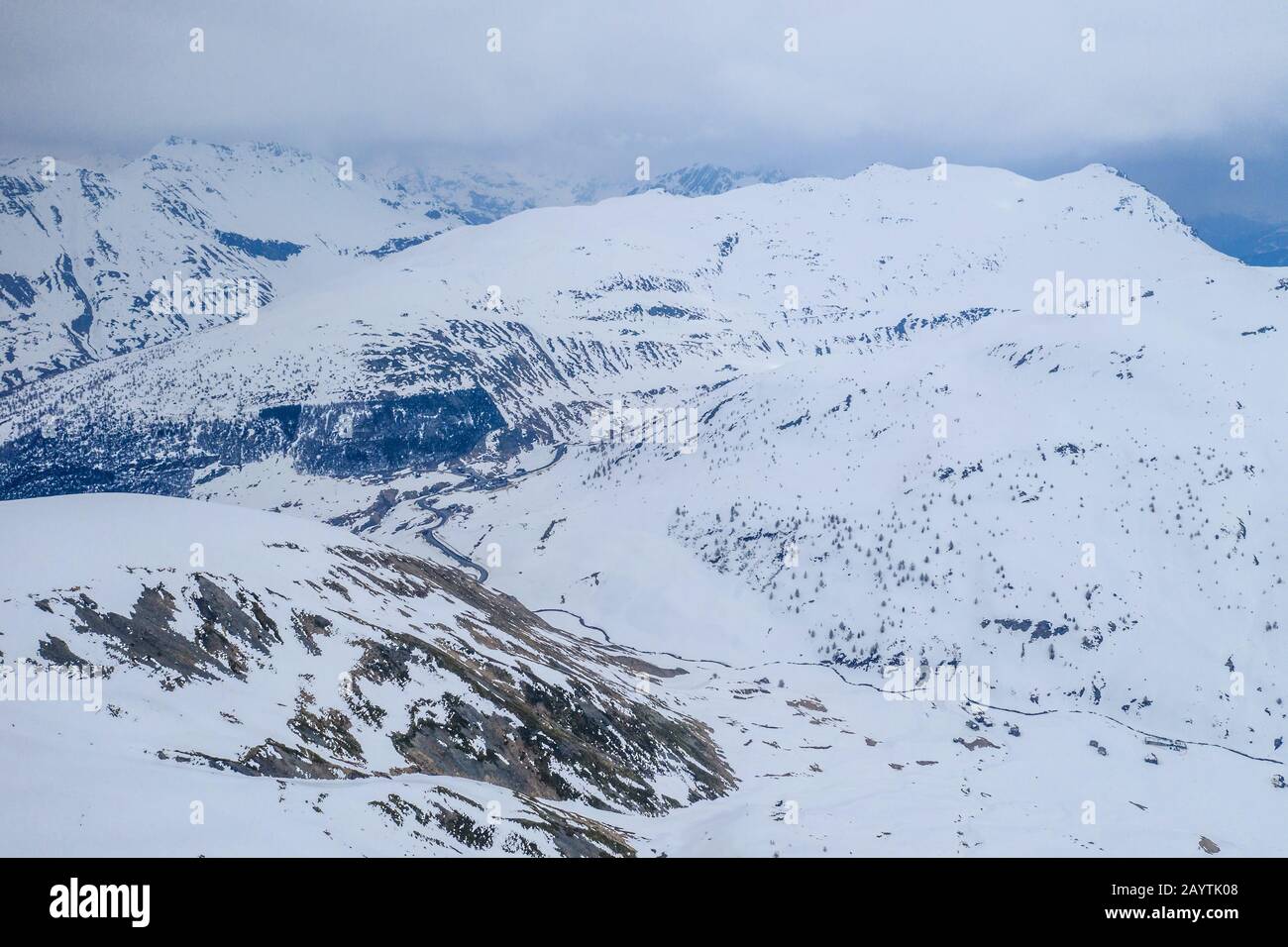 Drone view of mountain ski slopes. Stock Photo