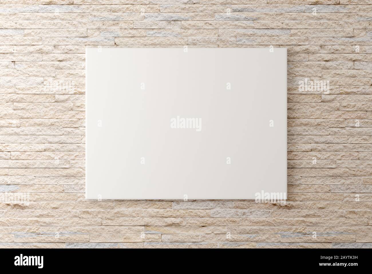 Empty picture frame canvas hanging on brick stone wall with copy space - portfolio, gallery or artwork template mock up - 3D illustration Stock Photo