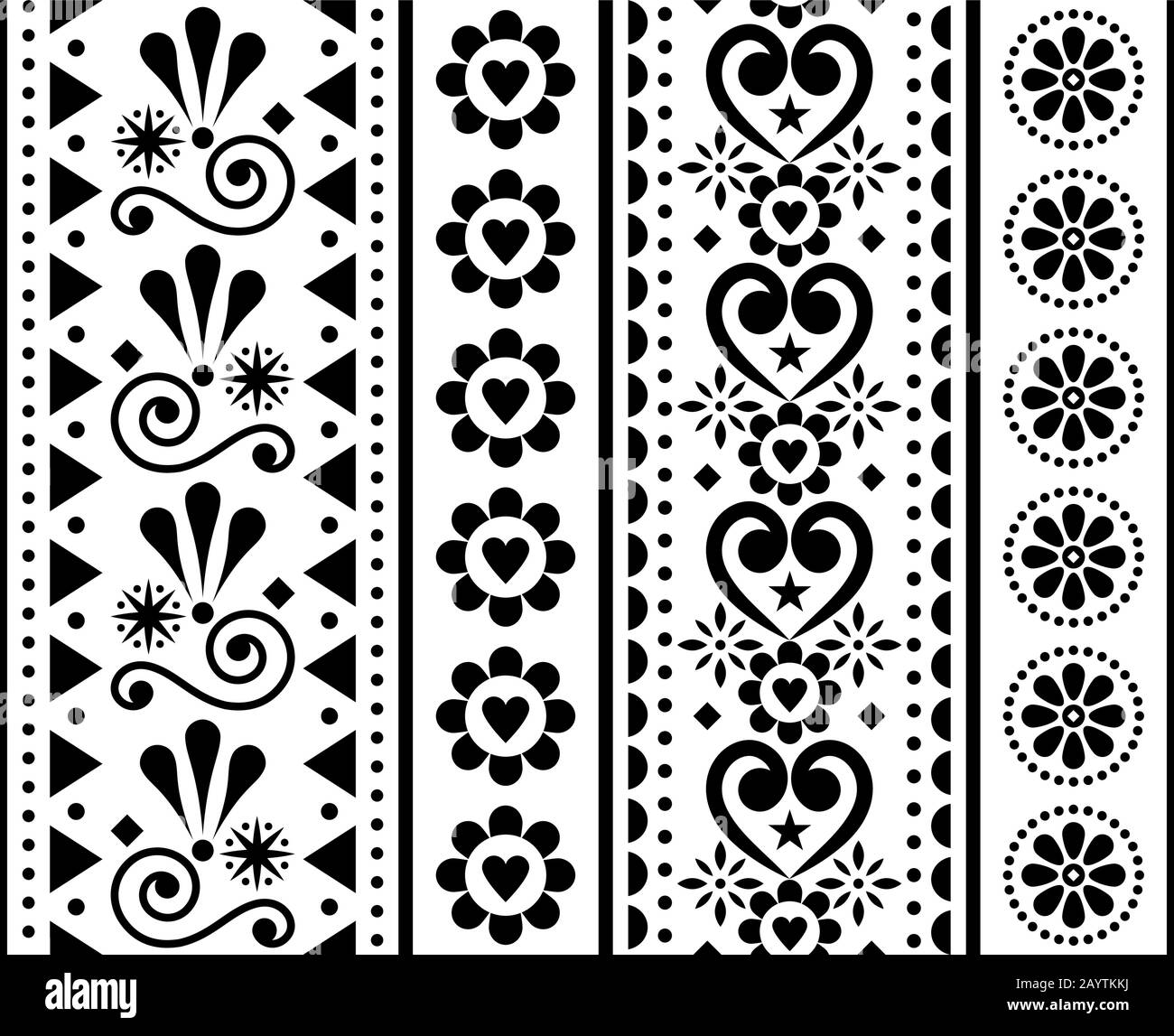 Valentine's Day vector seamless vertical pattern - Scandinavian traditional embroidery folk art style with flowers and hearts Stock Vector