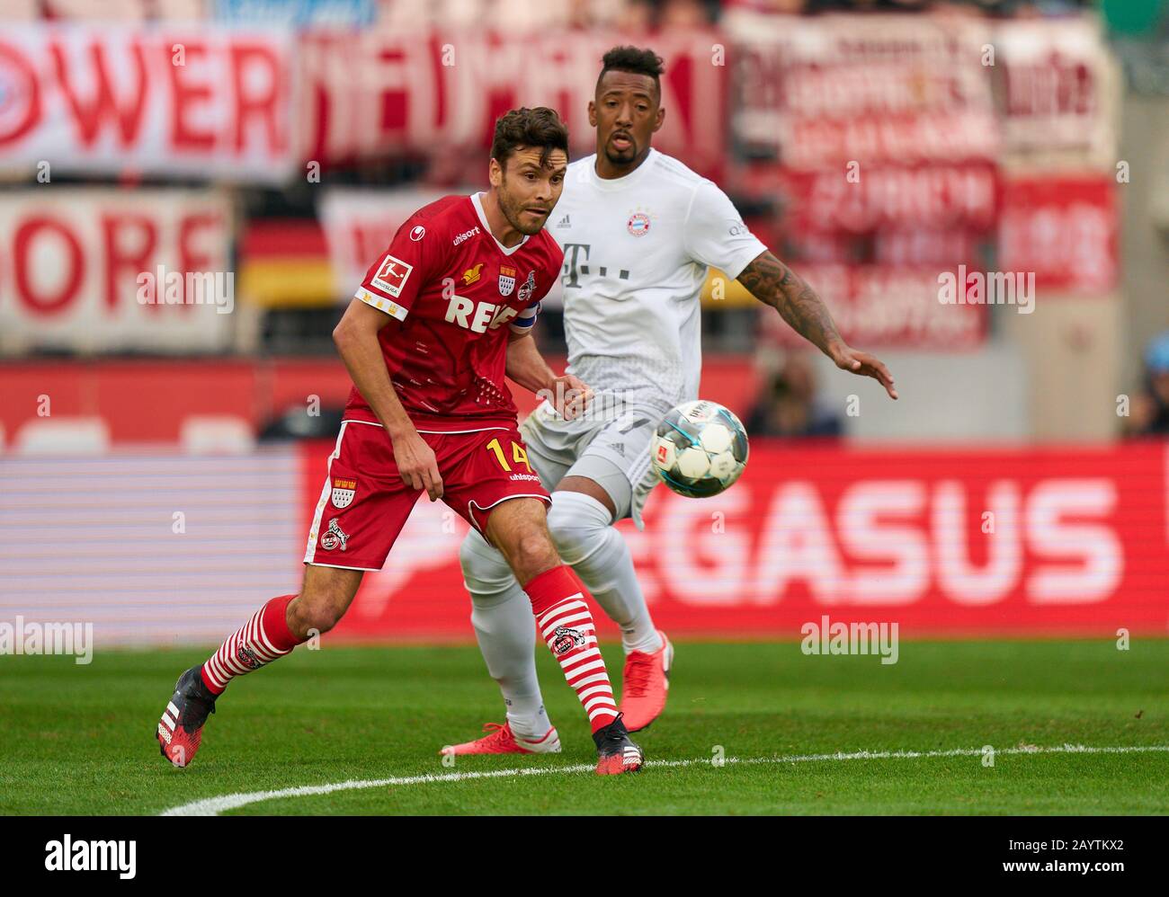 Football Cologne - Munich, Cologne Feb 16, 2020. Jonas HECTOR, 1.FCK 14  compete for the ball, tackling, duel, header, zweikampf, action, fight against Jerome BOATENG (FCB 17)  1.FC KÖLN - FC BAYERN MUNICH 1-4  - DFL REGULATIONS PROHIBIT ANY USE OF PHOTOGRAPHS as IMAGE SEQUENCES and/or QUASI-VIDEO -  1.German Soccer League , Düsseldorf, February 16, 2020.  Season 2019/2020, match day 22,  FCB, München © Peter Schatz / Alamy Live News Stock Photo