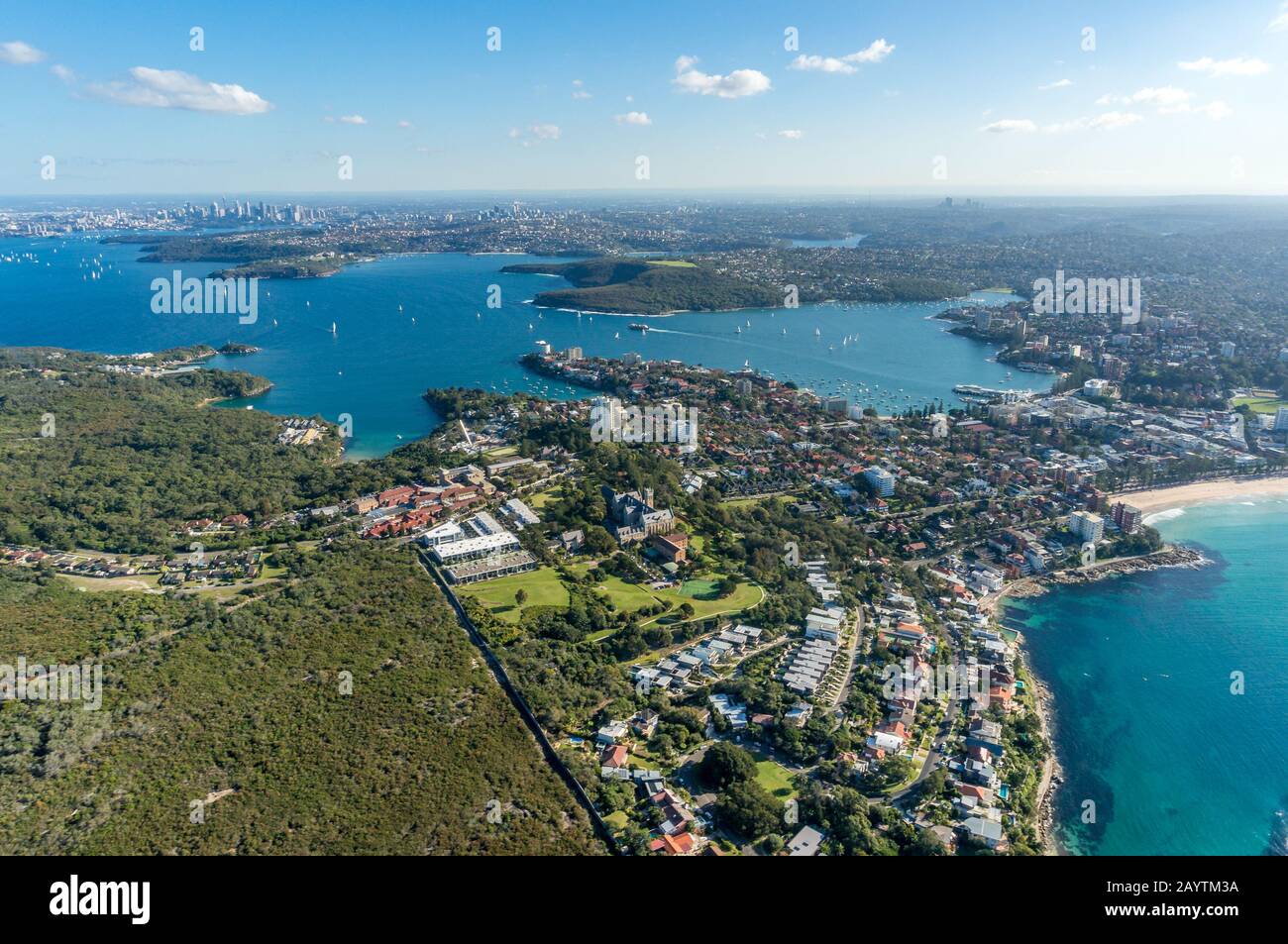 Aerial view of Sydney suburb of Manly with beaches, parks and