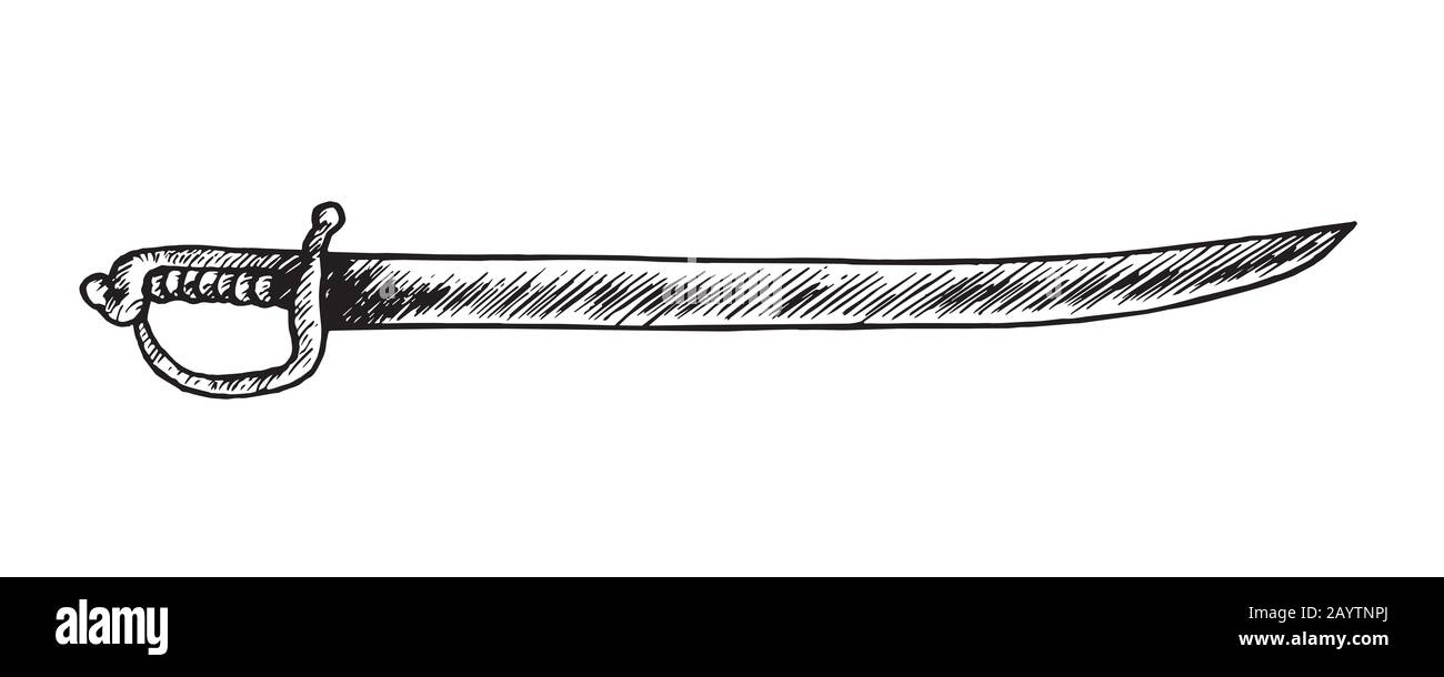 Sword (sabre, Ukrainian Cossacks type), hand drawn doodle sketch, isolated outline illustration Stock Photo