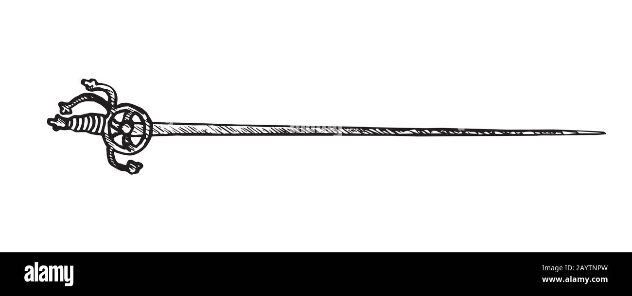 French sword (rapier), hand drawn doodle sketch, isolated outline illustration Stock Photo