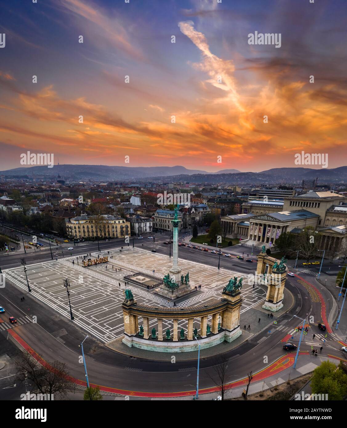 Budapest, Hungary - Aerial drone view of beautiful Heroes' Square and ...