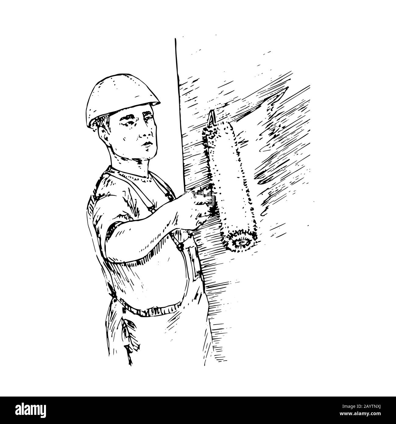 Painter working, holding big paint roller with paint, hand drawn doodle