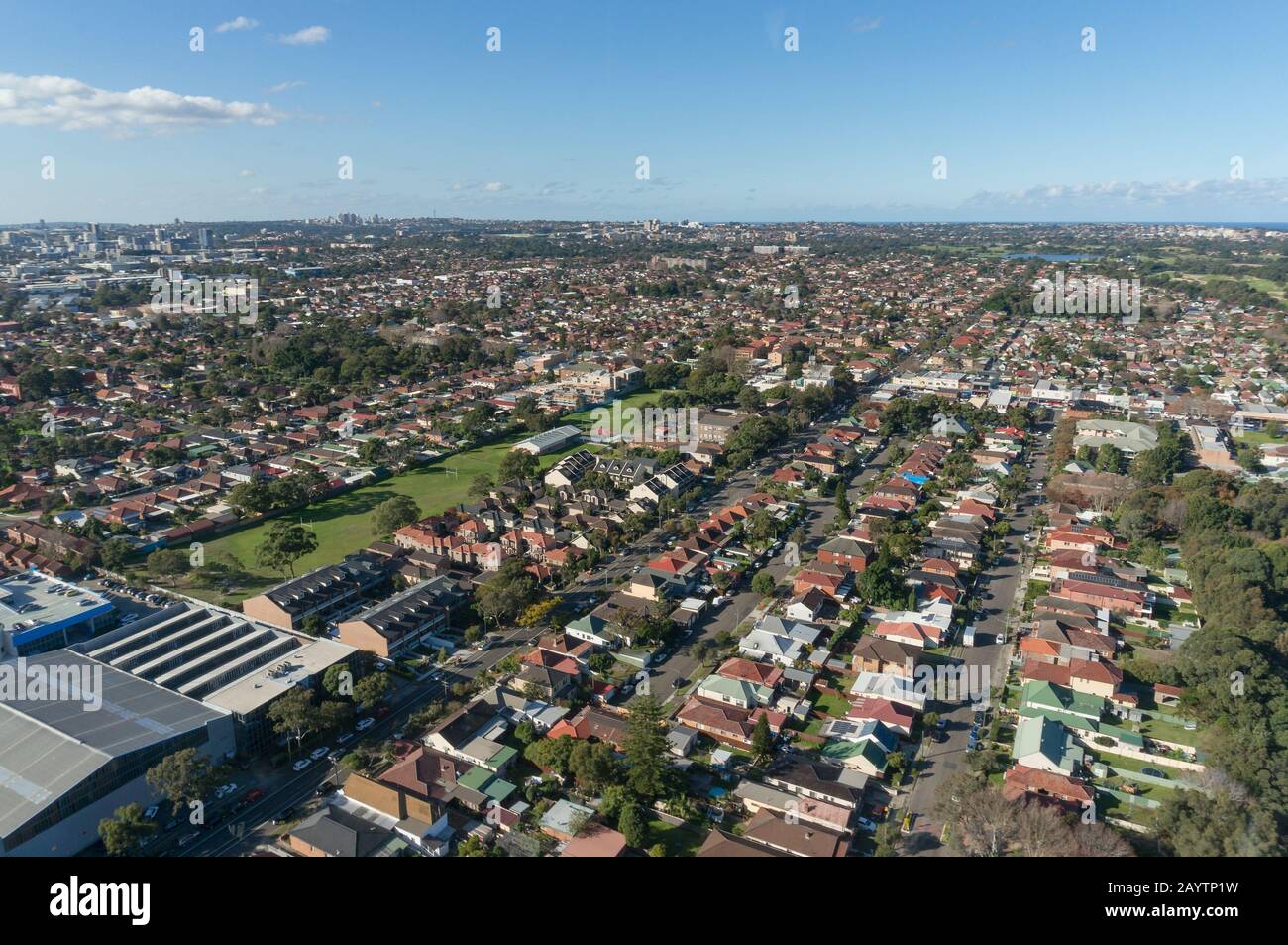 Aerial view of Mascot, Rosebery and Coogee suburbs of Sydney Metro area