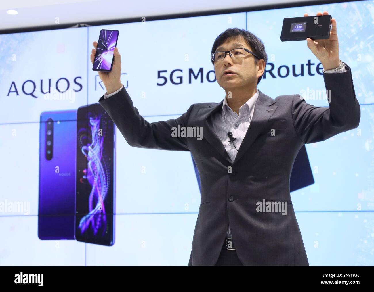 Tokyo, Japan. 17th Feb, 2020. Japan's electronics giant Sharp unveils the new 5G smartphone 'AQUOS R5G' equipped with Qualcomm's Snapdragon 865 on its CPU, 6.5-inch sized IGZO LCD display and three cameras with a 3D sensor and the new 5G mobile router at the company's Tokyo office in Tokyo on Monday, February 17, 2020. Sharp will put Japan's first 5G smartphone on the market in this spring. Credit: Yoshio Tsunoda/AFLO/Alamy Live News Stock Photo