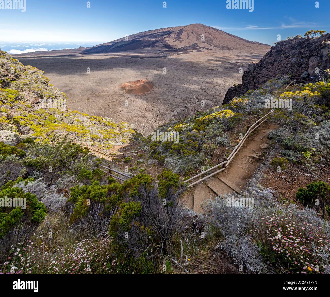 Hiking trail into the Caldeira of volcano Piton de la Fournaise at island La Reunion Stock Photo