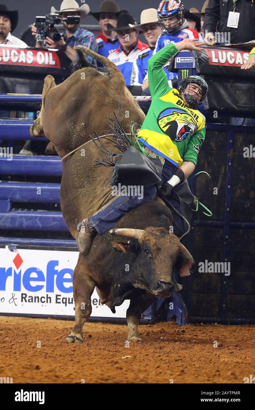 Arlington, Texas, USA. 16th Feb 2020. Ramon De Lima (BRA) rides bull Cha  Ching during the PBR Global Cup USA, Sunday, Feb. 16, 2020, in Arlington,  Texas, USA. (Photo by IOS/ESPA-Images) Credit: