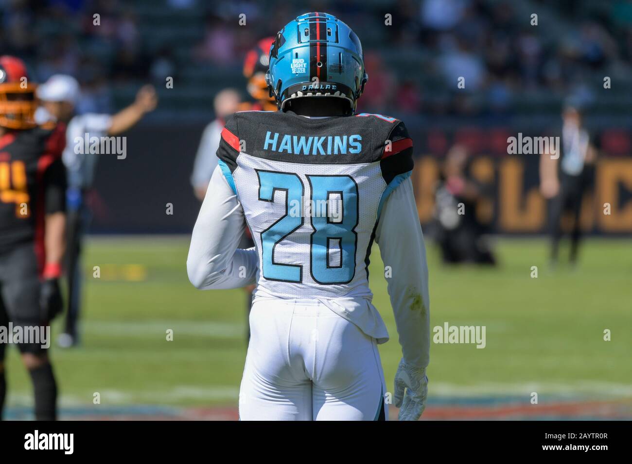 Carson, California, USA. 16th Feb 2020. LA Wildcats wide receiver Kermit  Whitfield (10) runs with the ball while Dallas Renegades linebacker Asantay  Brown (58) attempts to tackle during an XFL football game