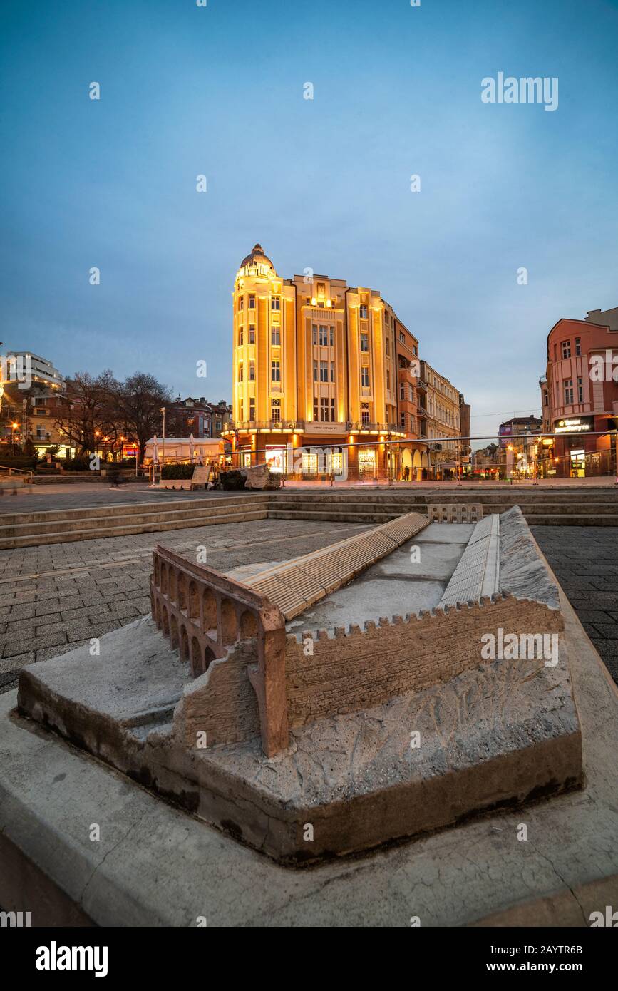 Center of Plovdiv city, Bulgaria with model of ancient roman stadium in front Stock Photo