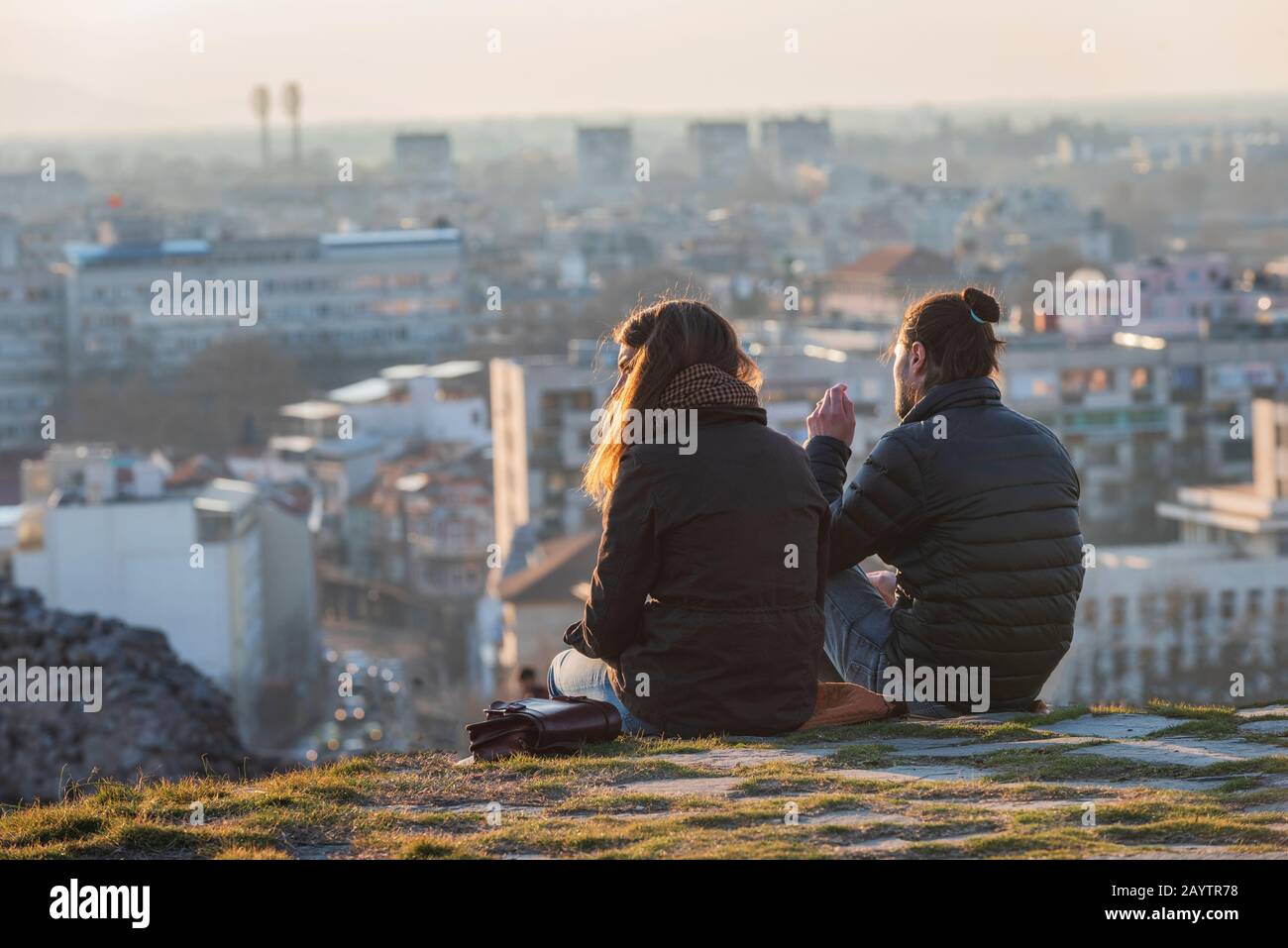 Plovdiv city / Bulgaria - February 16 2020: People waching sunset from Nebet tepe Hill in Plovdiv city, Bulgaria - the oldest European city Stock Photo