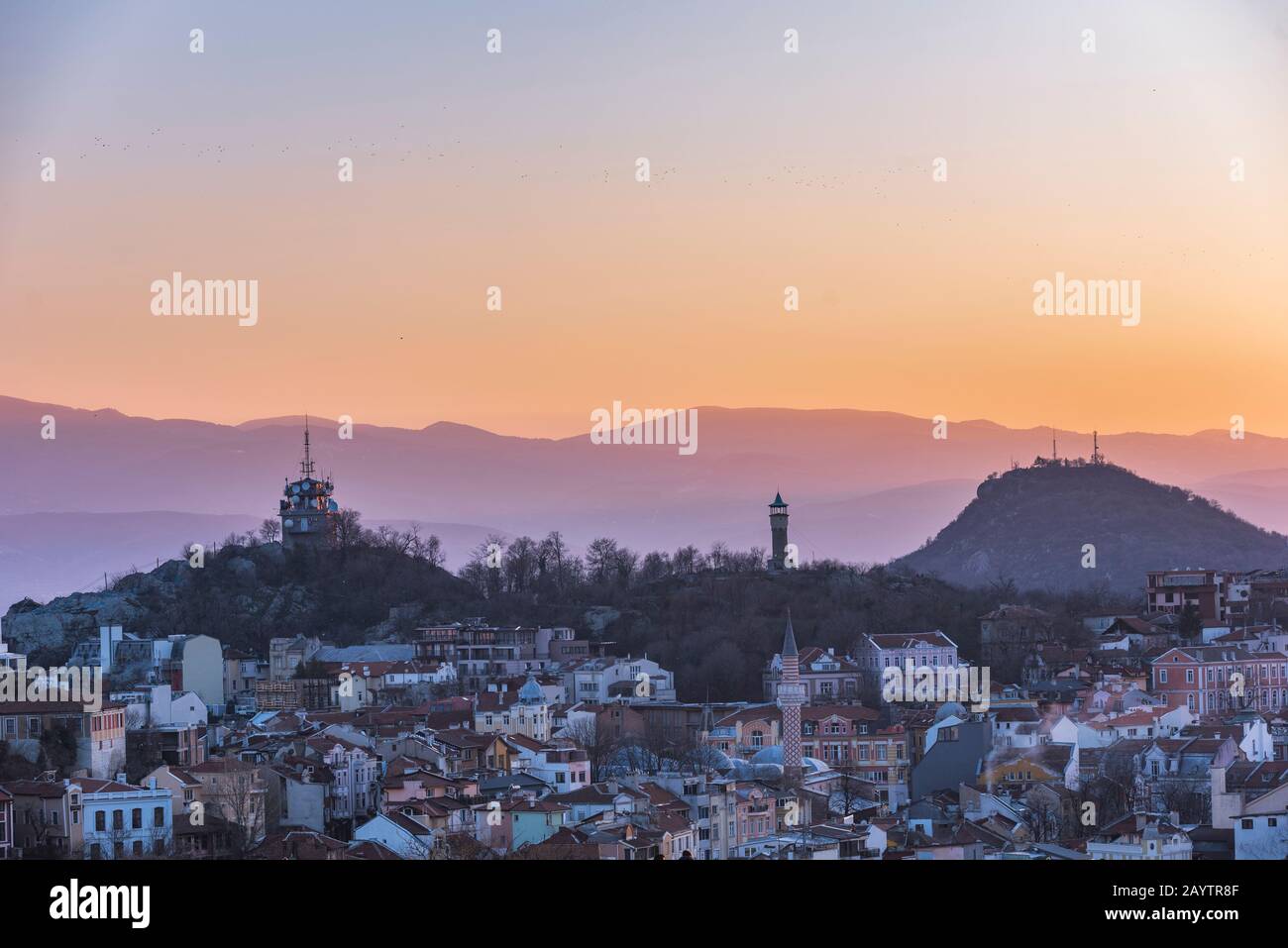 Summer sunset cityscape from Nebet tepe Hill in Plovdiv city, Bulgaria. Panoramic aerial view. Ancient Plovdiv is UNESCO's World Heritage and the olde Stock Photo