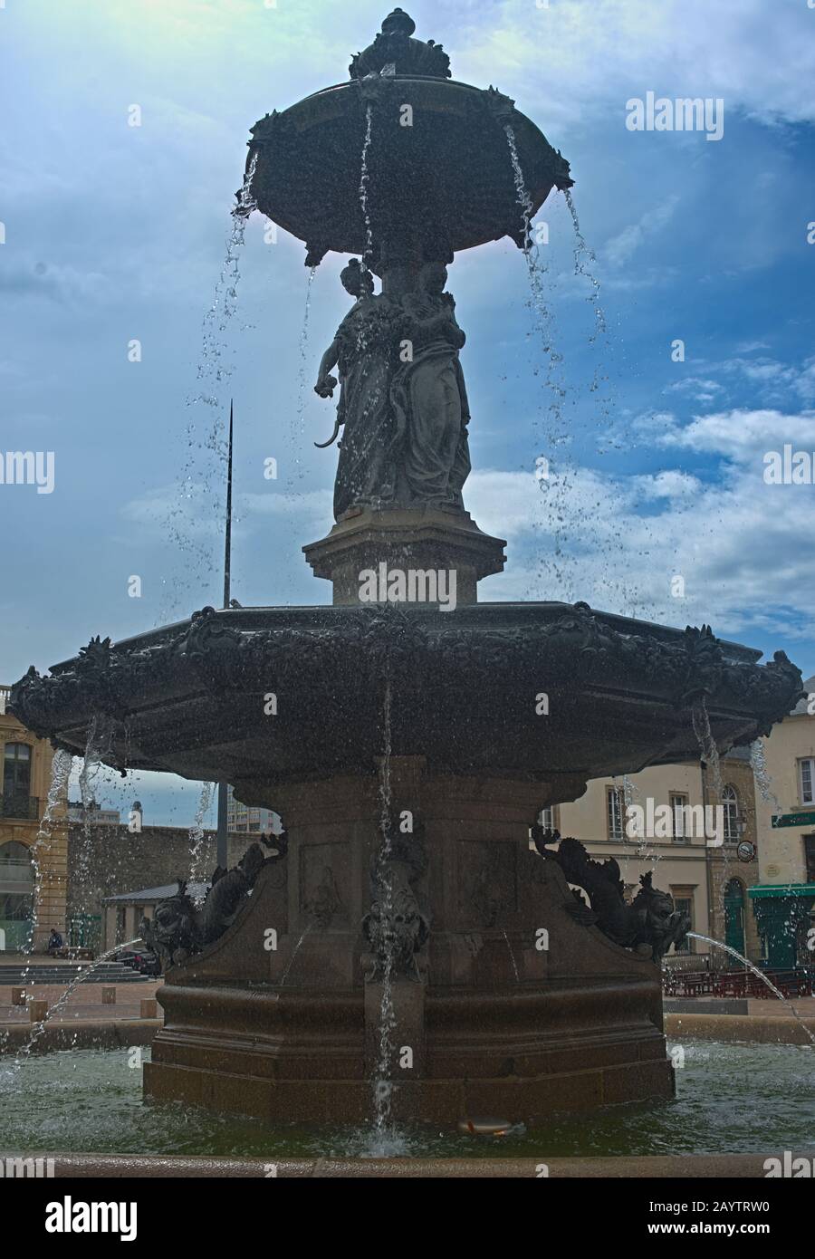 Big impressive fountain at city square in Cherbourg, France Stock Photo