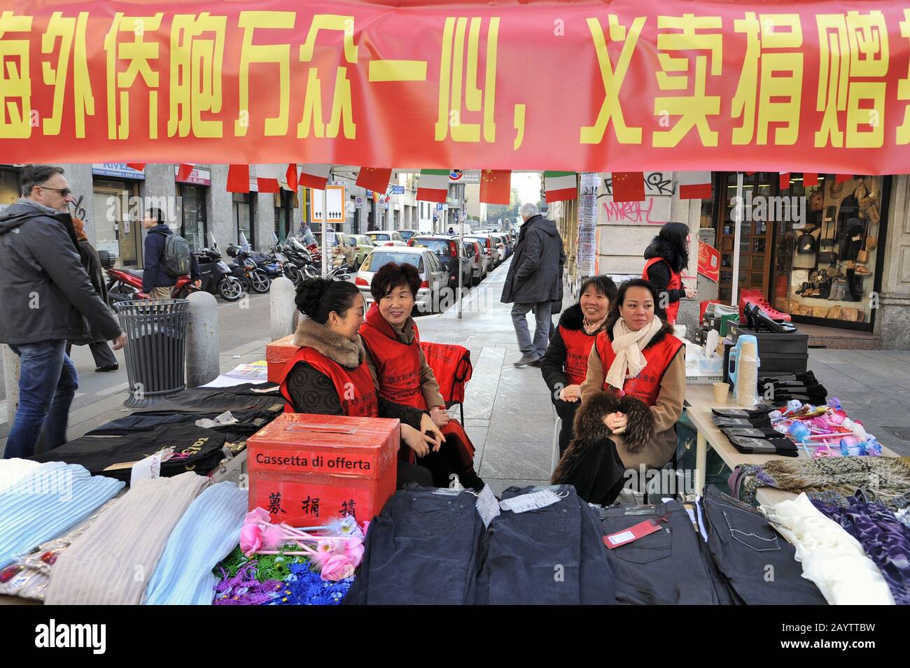 Milan (Italy), February 2020, Chinatown in Paolo Sarpi street, stall for collecting donations in favour of the victims of the Coronavirus epidemic in China Stock Photo