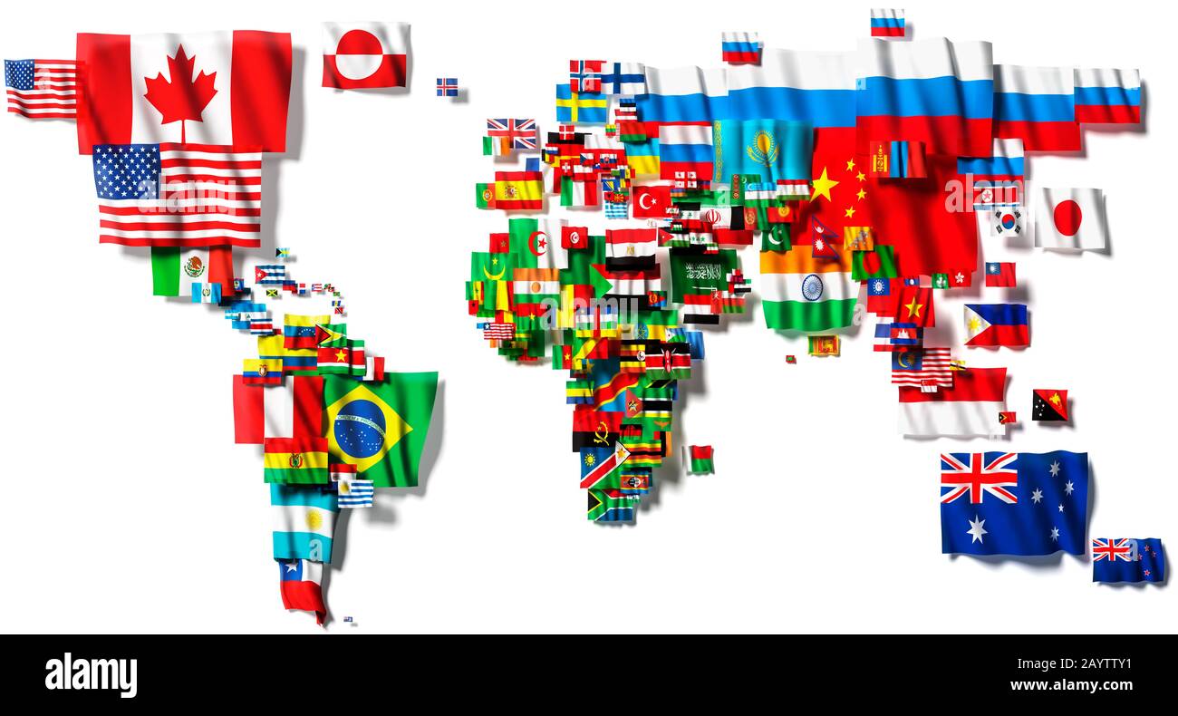 Map of the world made from flags.. White background. Stock Photo