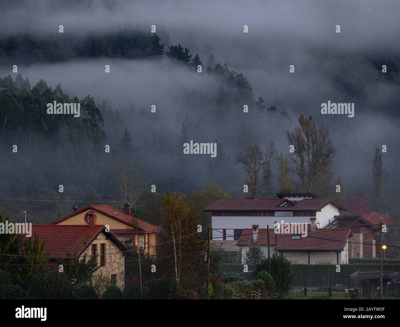 niebla matutina, Ucieda, parque natural del Saja-Besaya, Cantabria, Spain. Stock Photo
