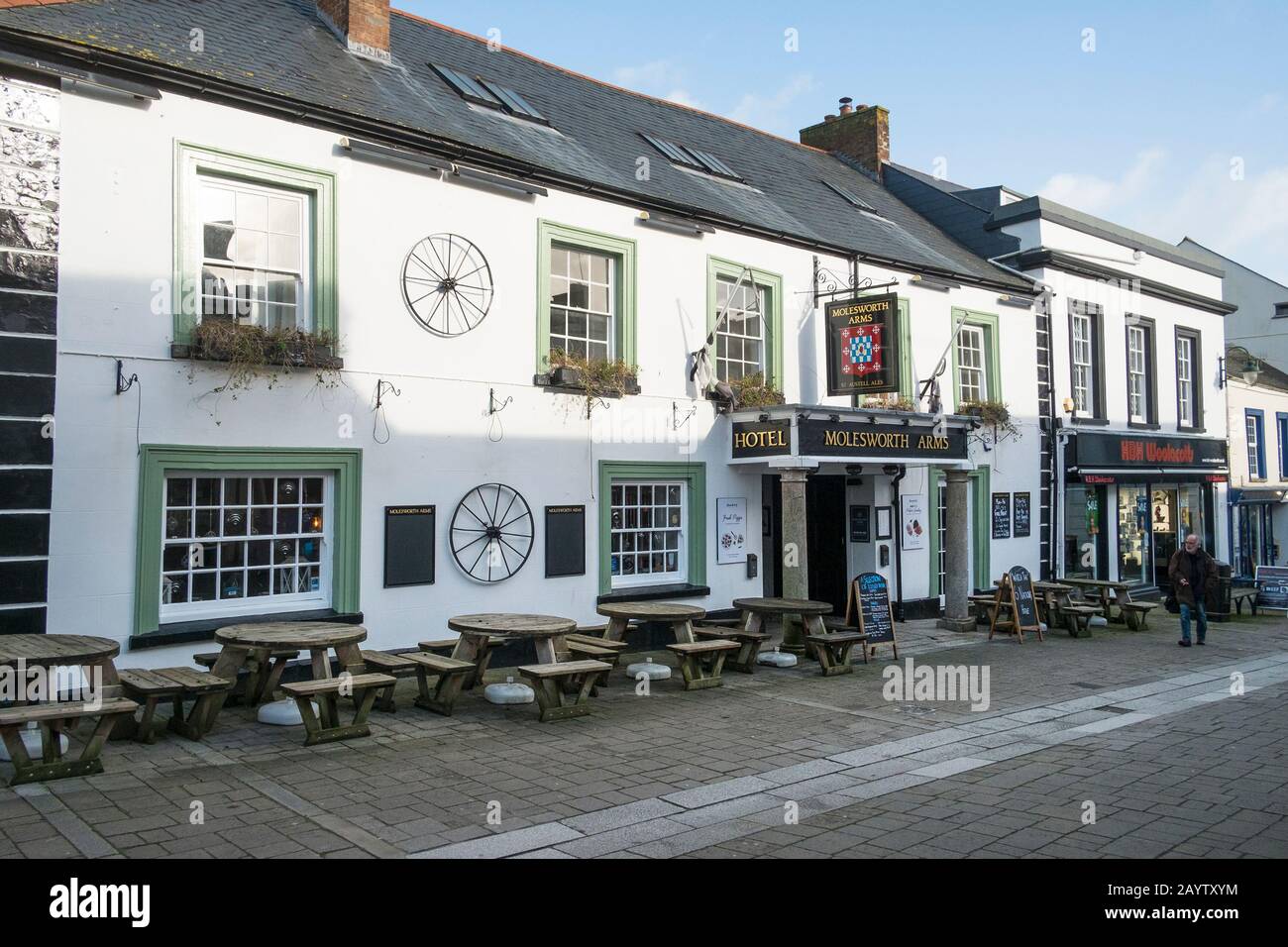 The historic oldSt Austell Brewery; Coaching inn The Molesworth Arms in Molesworth Street in Wadebridge Town centre in Cornwall. Stock Photo