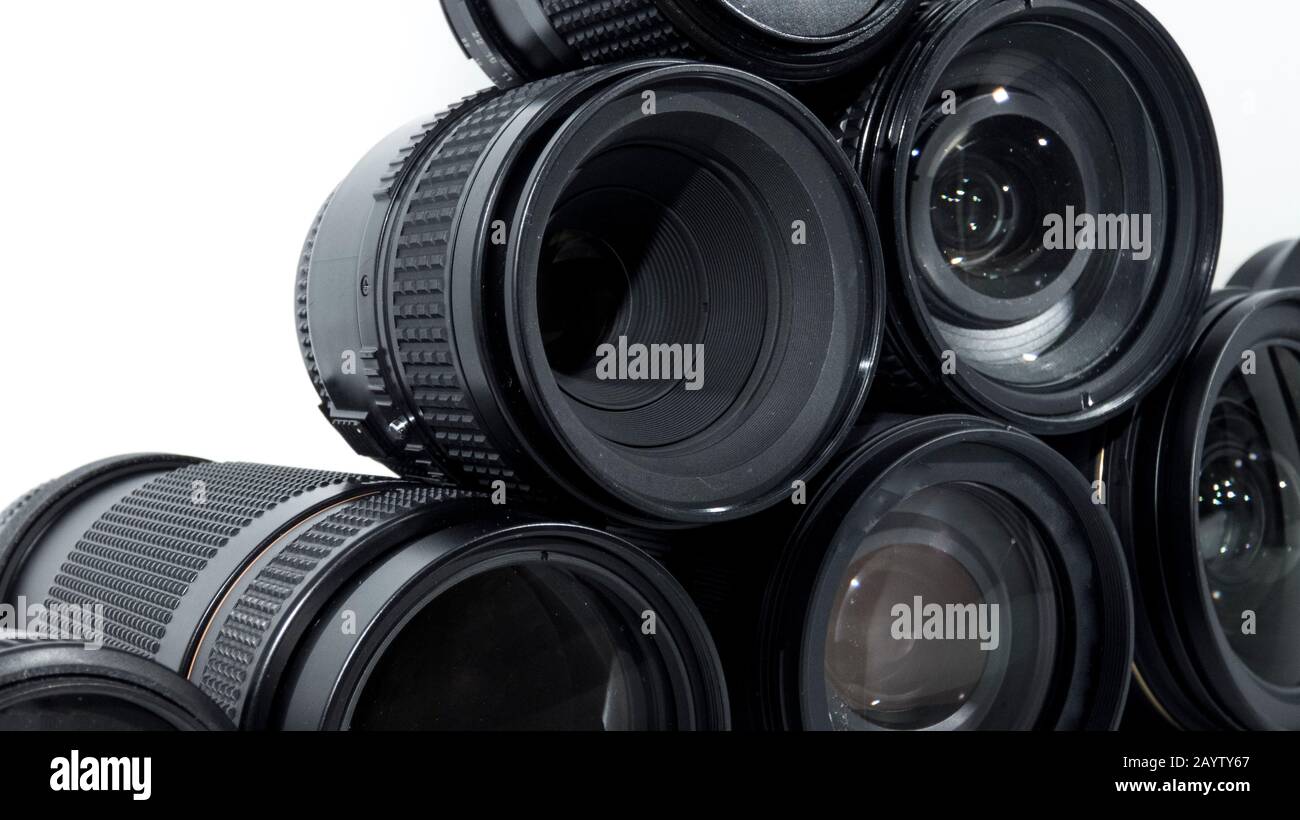 Collection of camera lens isolated on white background Stock Photo - Alamy