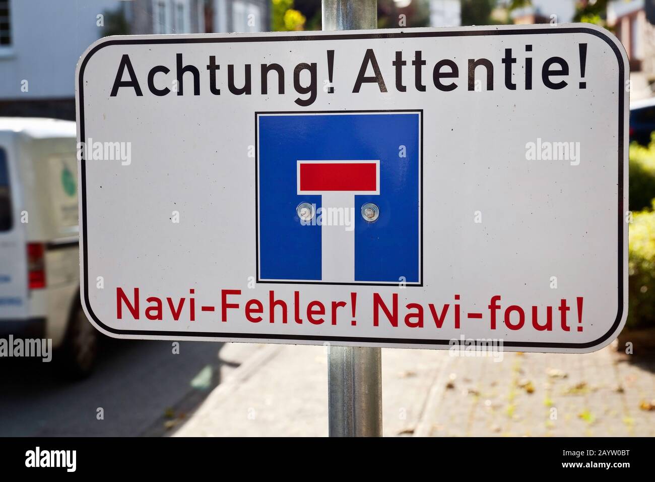 sign 'navigation error', dead-end road, Germany, North Rhine-Westphalia, Sauerland, Olsberg Stock Photo