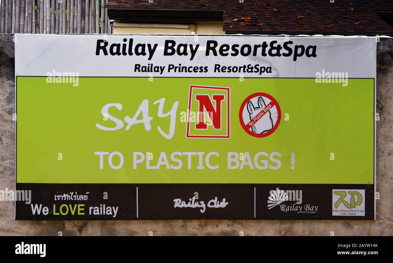 sign 'no plastics bags on the Railay beach', Thailand, Krabi Stock Photo