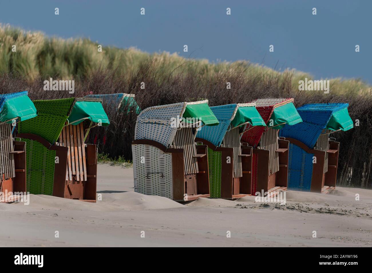 beach chairs and windbreak on the sandy beach, Germany, Schleswig-Holstein, Heligoland Stock Photo