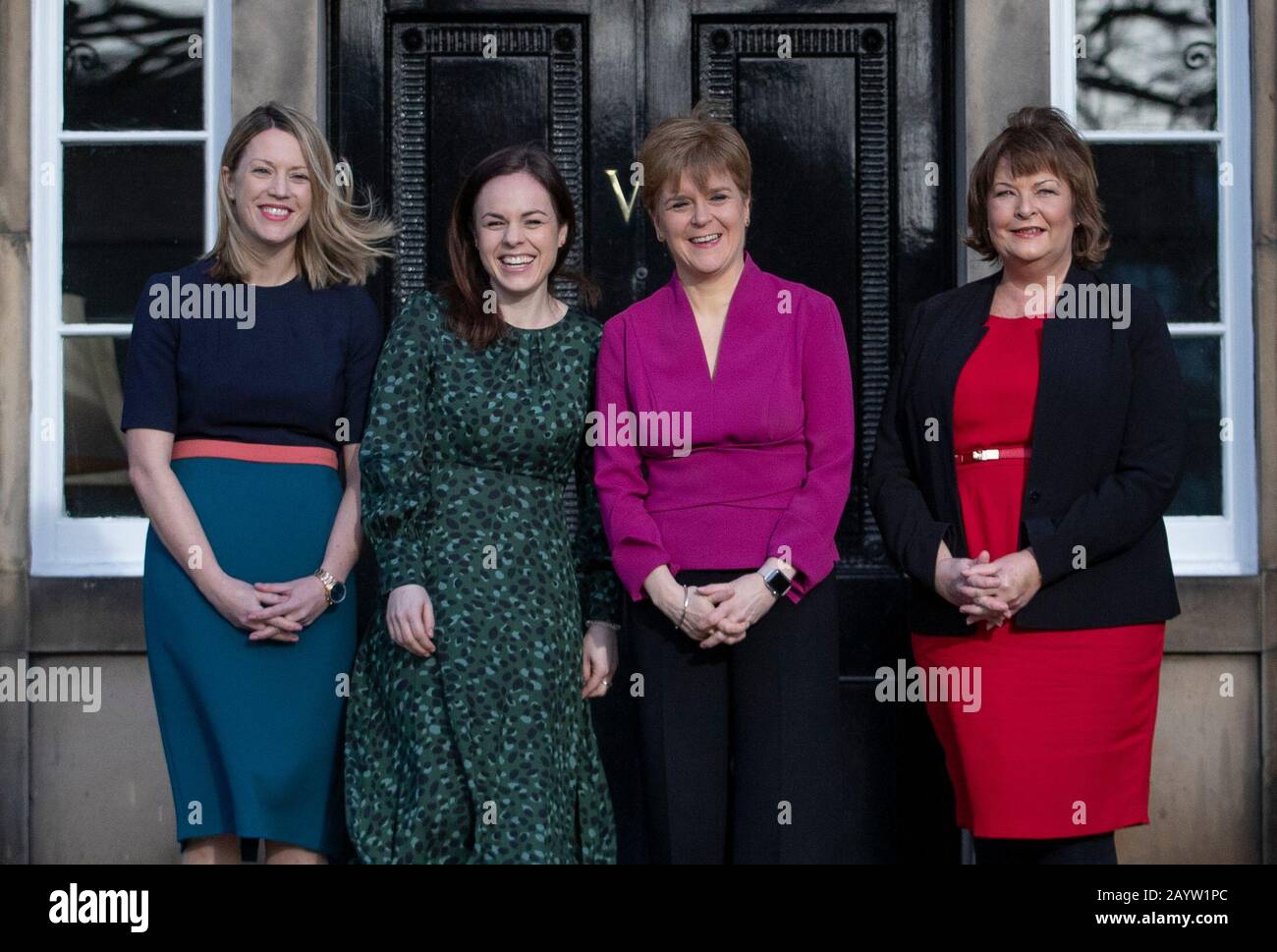 (left to right) Minister for Europe and International Development Jenny Gilruth, Secretary for Finance Kate Forbes, First Minister Nicola Sturgeon and Secretary for Economy, Fair Work and Culture Fiona Hyslop, outside Bute House, Edinburgh. Stock Photo