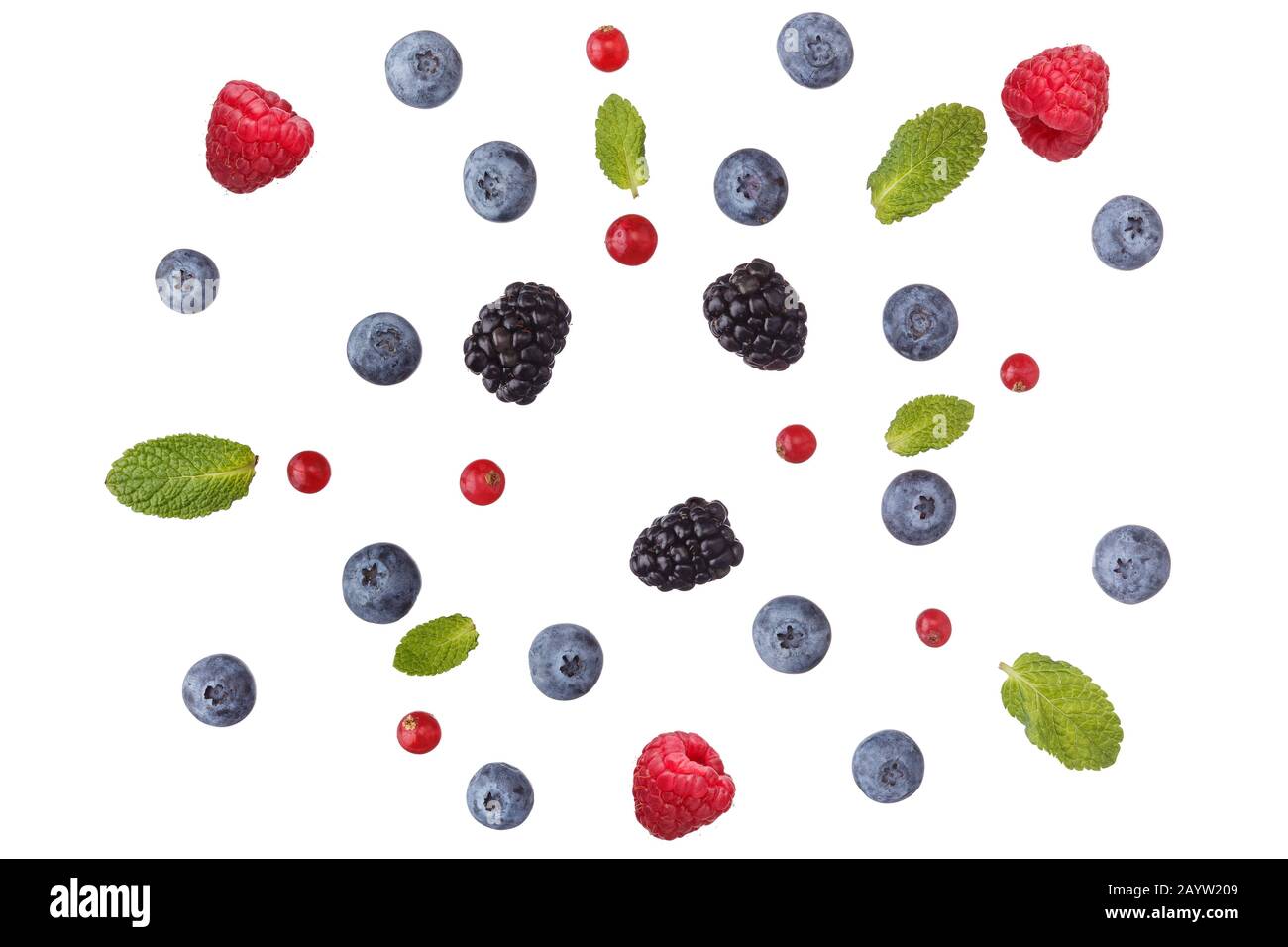 Mix of different berries isolated on white background. Stock Photo