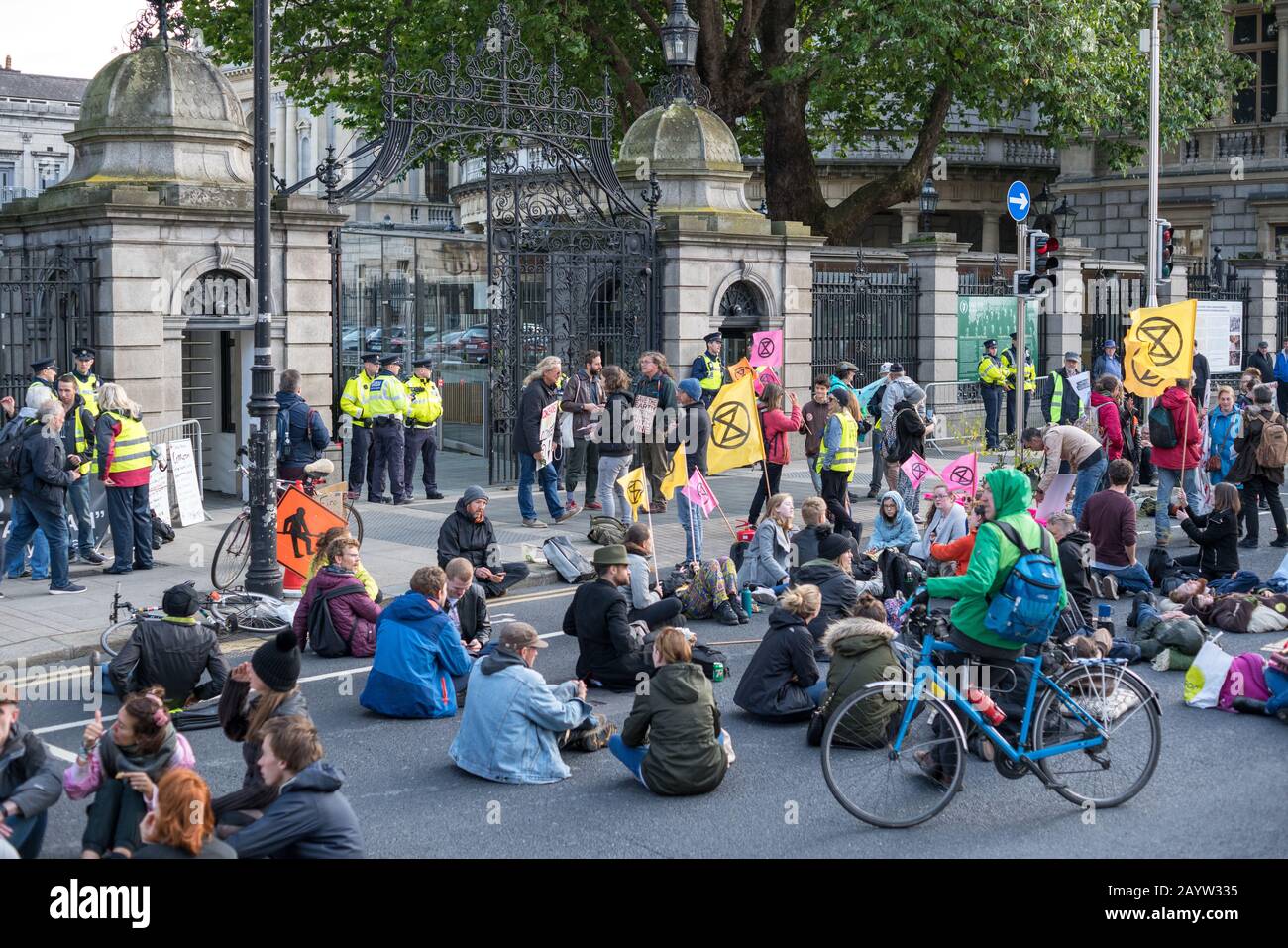 Extinction rebellion protest outside Irish parliament in Dublin, Ireland. Stock Photo