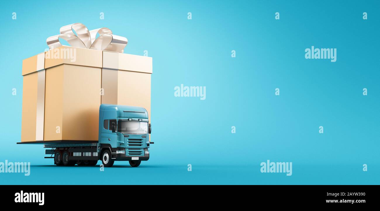 Present concept - Tir or truck carrying gift box. 3d rendering Stock Photo