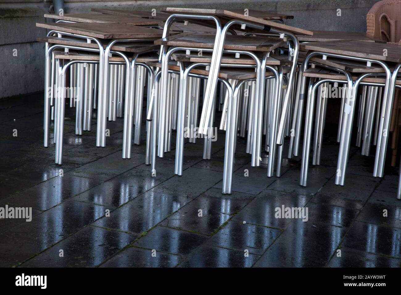 stacked tables in the Rheinau harbor, Cologne, Germany.  gestapelte Tische im Rheinauhafen, Koeln, Deutschland. Stock Photo