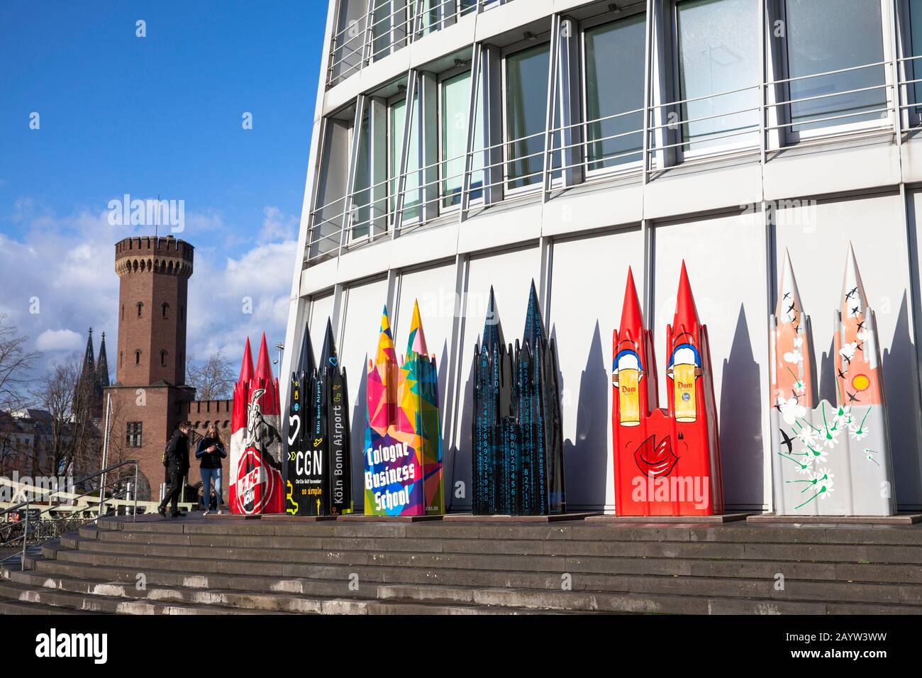 sculpture project 'Dome-Cologne', colorful sculptures of the cathedral  in front of the Chocolate Museum in the Rheinau harbor, Malakoff tower, Cologn Stock Photo