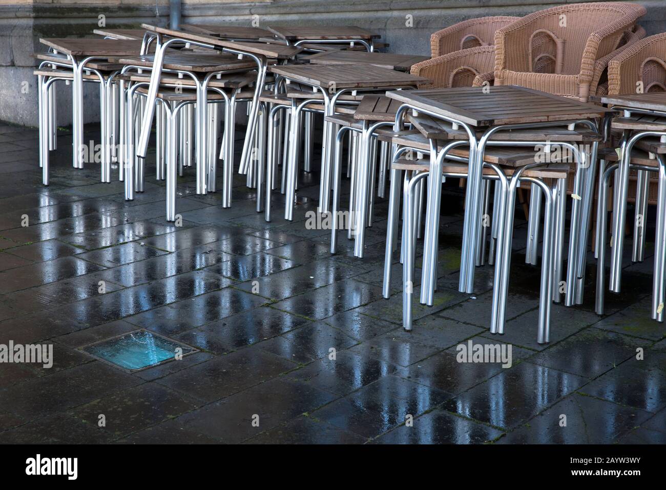 stacked tables in the Rheinau harbor, Cologne, Germany.  gestapelte Tische im Rheinauhafen, Koeln, Deutschland. Stock Photo