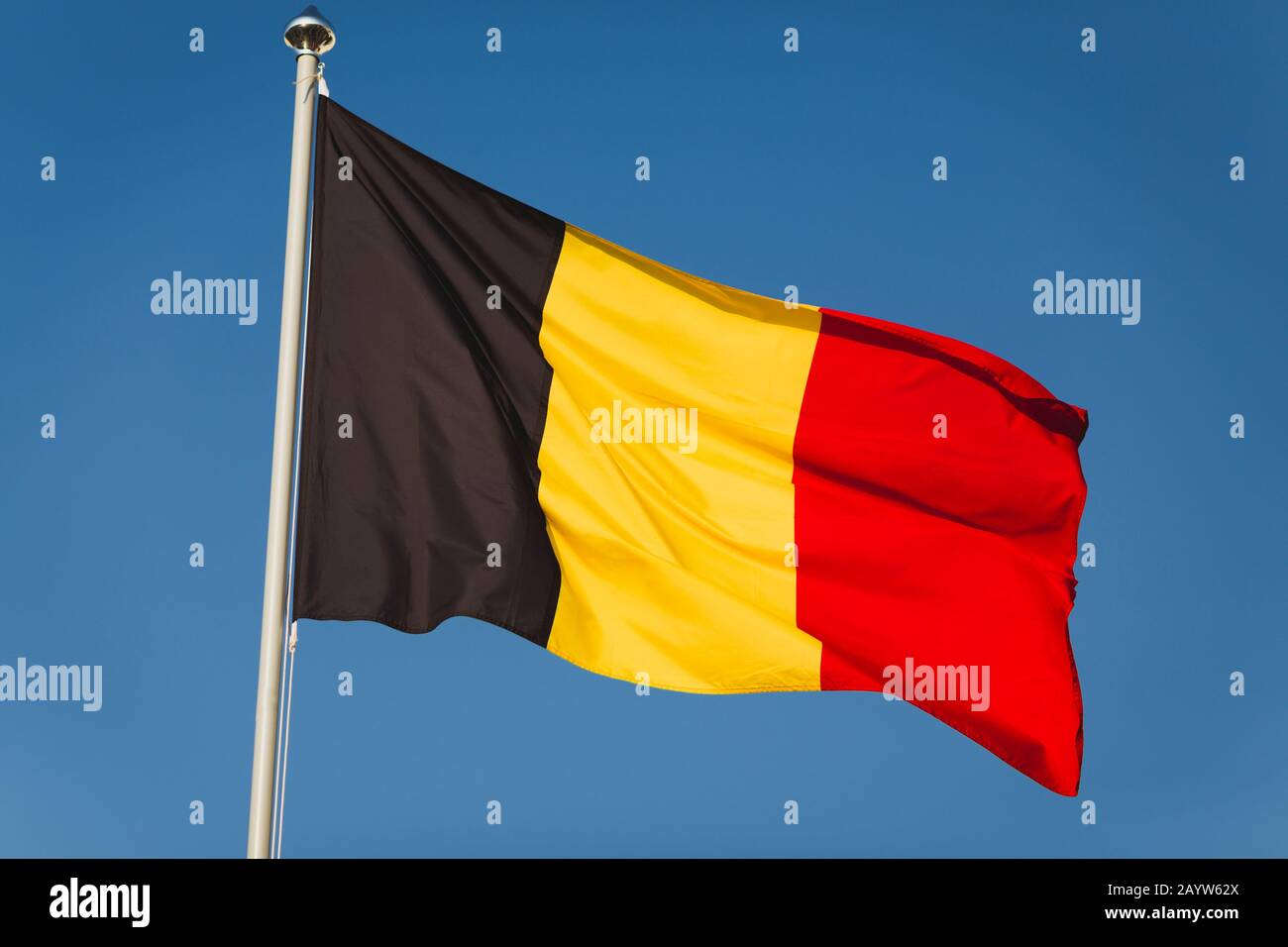 National Flag Of Belgium On Flagpole In Front Of Blue Sky Black national-flag-of-belgium-on-flagpole-in-front-of-blue-sky-black