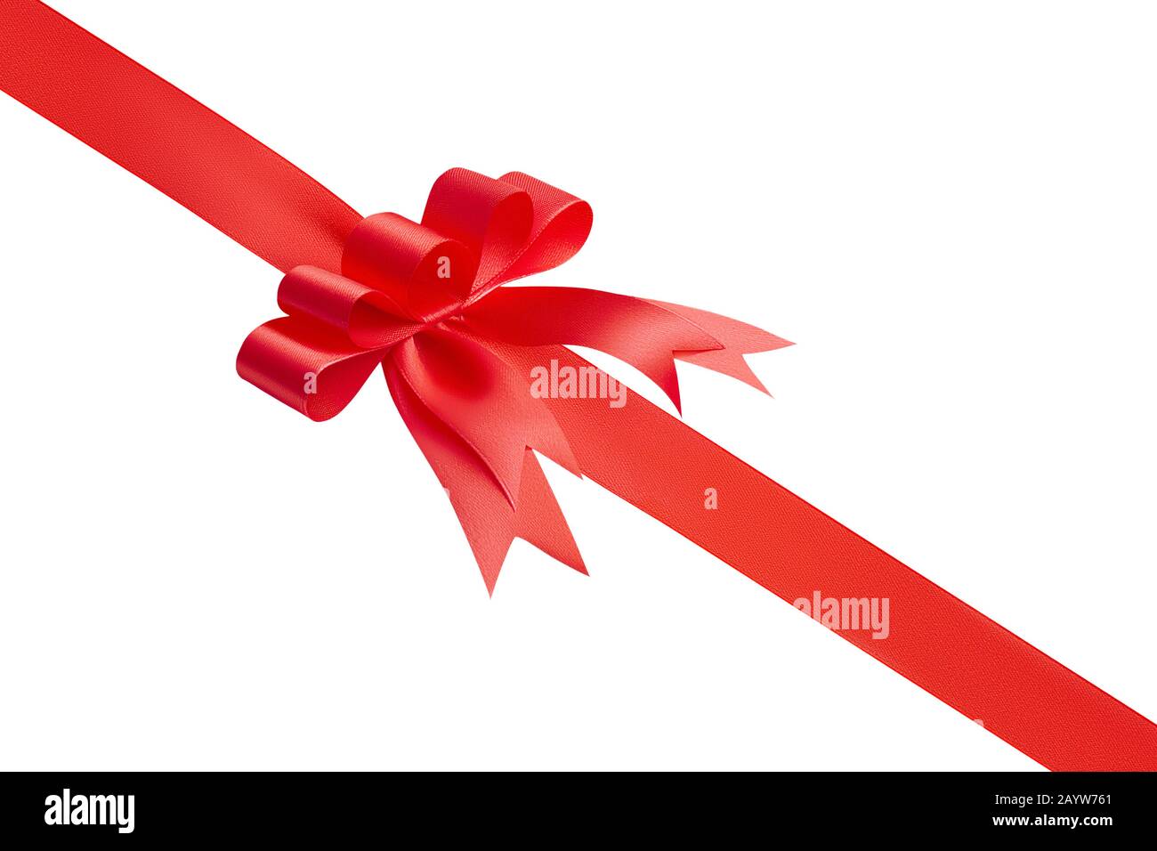 Side view of an unusual beautiful festive gift creative red bow and bright  red satin ribbon located diagonally isolated on a white background Stock  Photo - Alamy