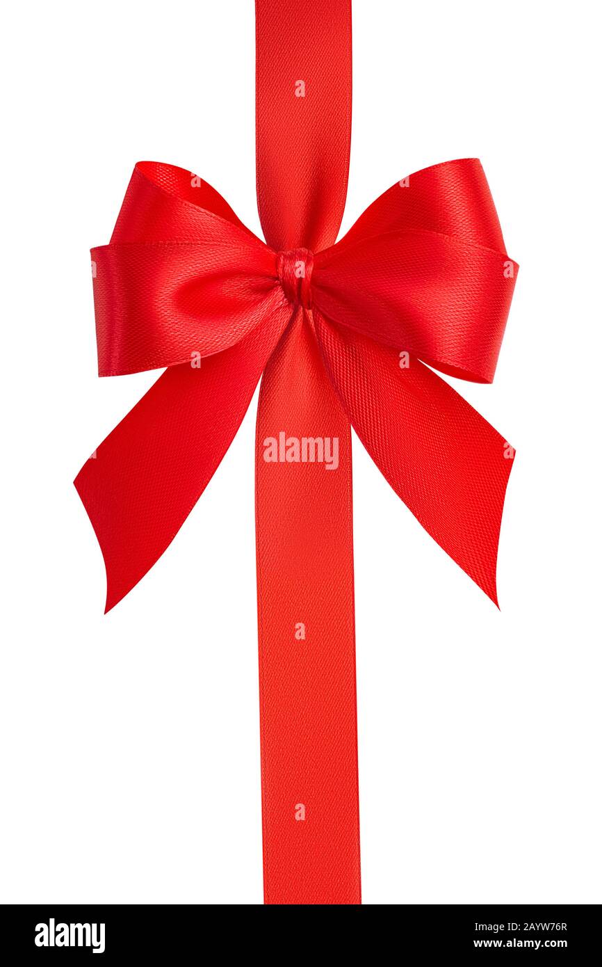 Top view of a beautiful large fashionable ornate red bow and bright red  silk vertical ribbon isolated on white background. Gift wrapping concept  Stock Photo - Alamy