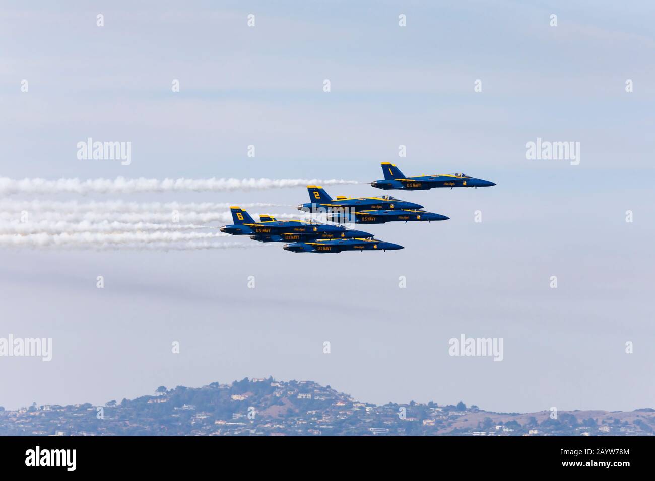 McDonnell Douglas F/A-18 Hornet fighter aircraft of the United States Navy Flight Demonstration Squadron, The Blue Angels, display during San Francisc Stock Photo