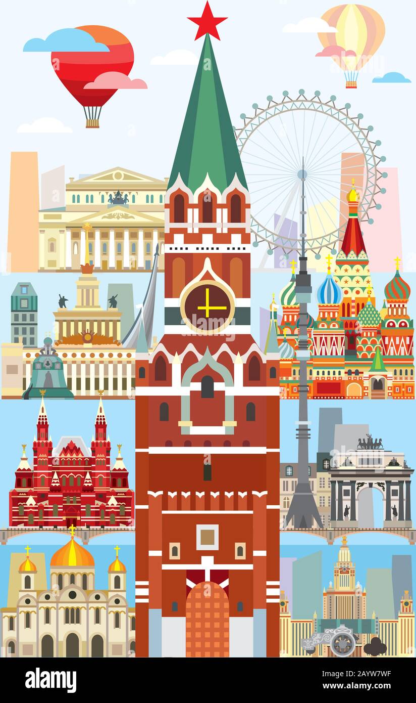 Vertical Moscow skyline travel illustration with main architectural