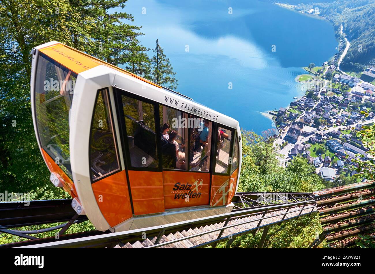 Cable car in Hallstatt town Stock Photo