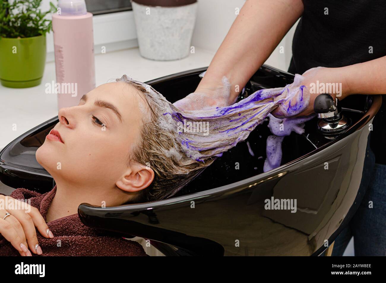 Hair stylist applying coloring purple shampoo after hair dyeing Stock