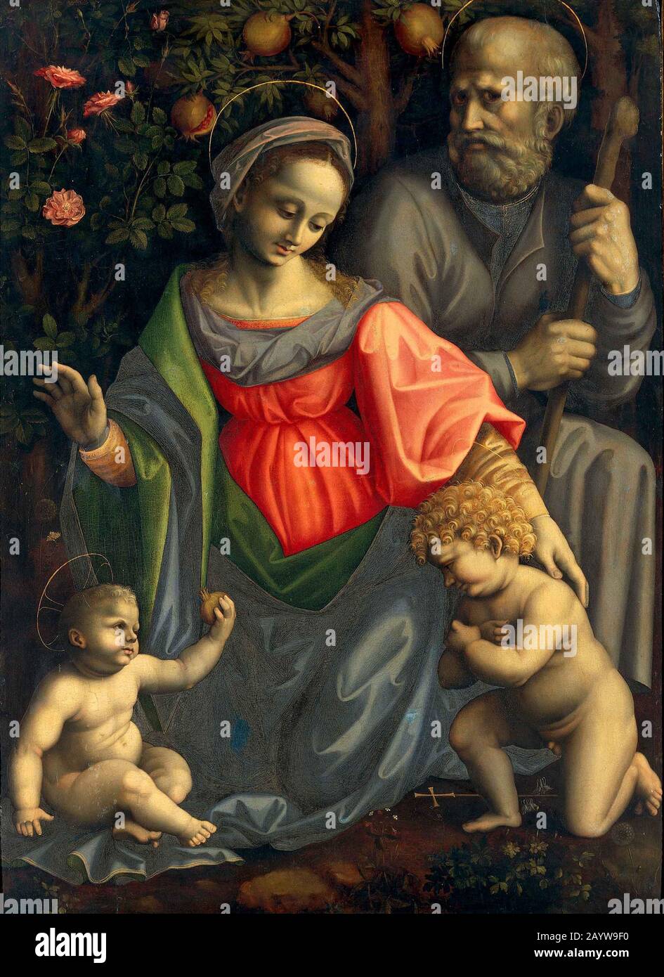 The Holy Family with Saint John the Baptist. Museum: VENERANDA BIBLIOTECA AMBROSIANA. Author: Francesco Bacchiacca. Stock Photo