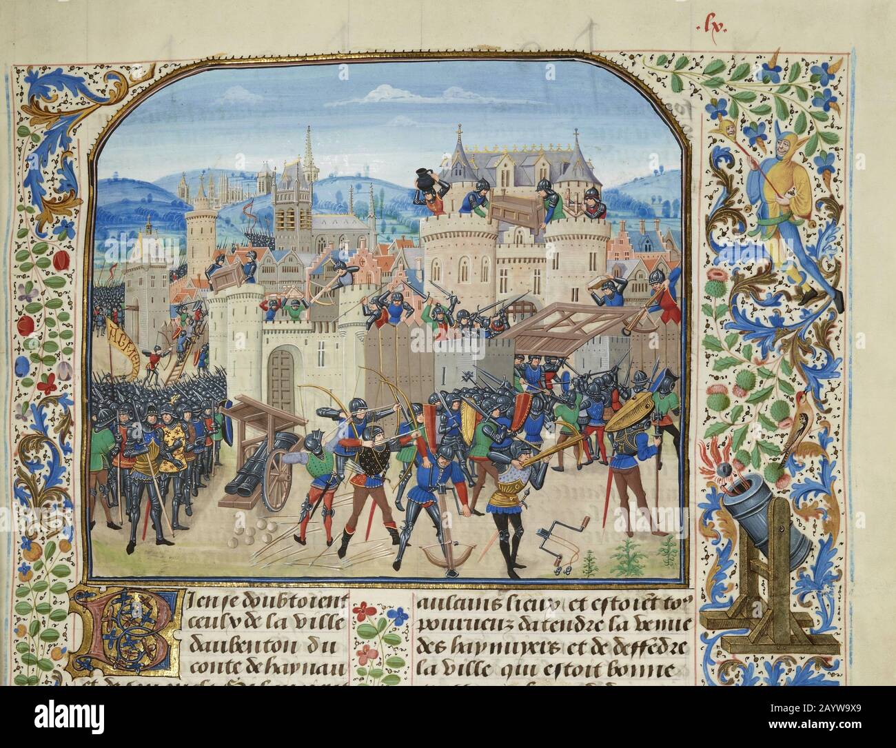 William II, Count of Hainaut Takes and destroys Aubenton, 1340 (Miniature from the Grandes Chroniques de France by Jean Froissar. Museum: BIBLIOTHEQUE NATIONALE DE FRANCE. Author: LOYSET LIEDET. Stock Photo