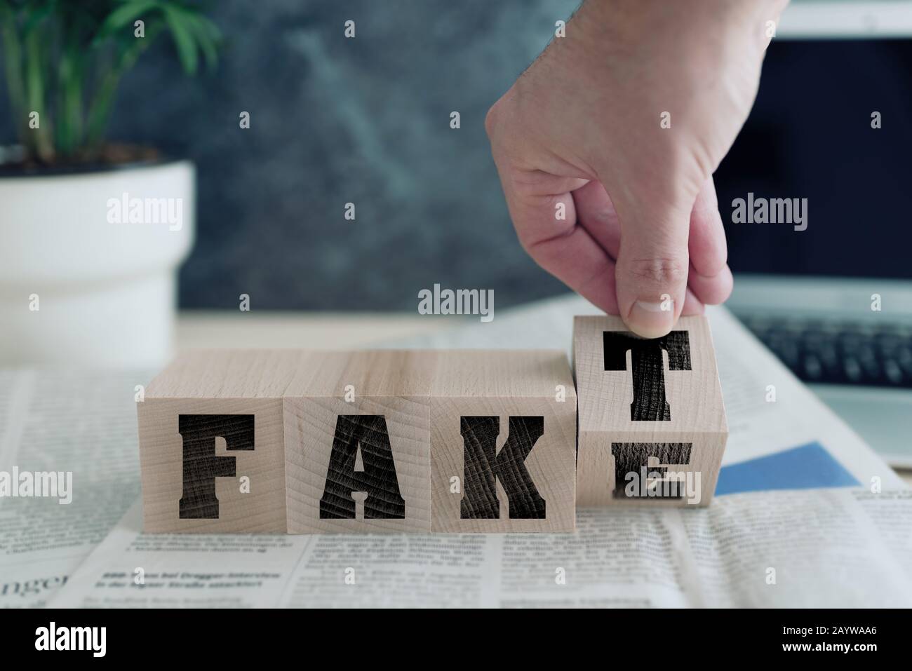FAKE or FAKT, German for fact, on wooden blocks on newspaper, real news or fake news concept Stock Photo